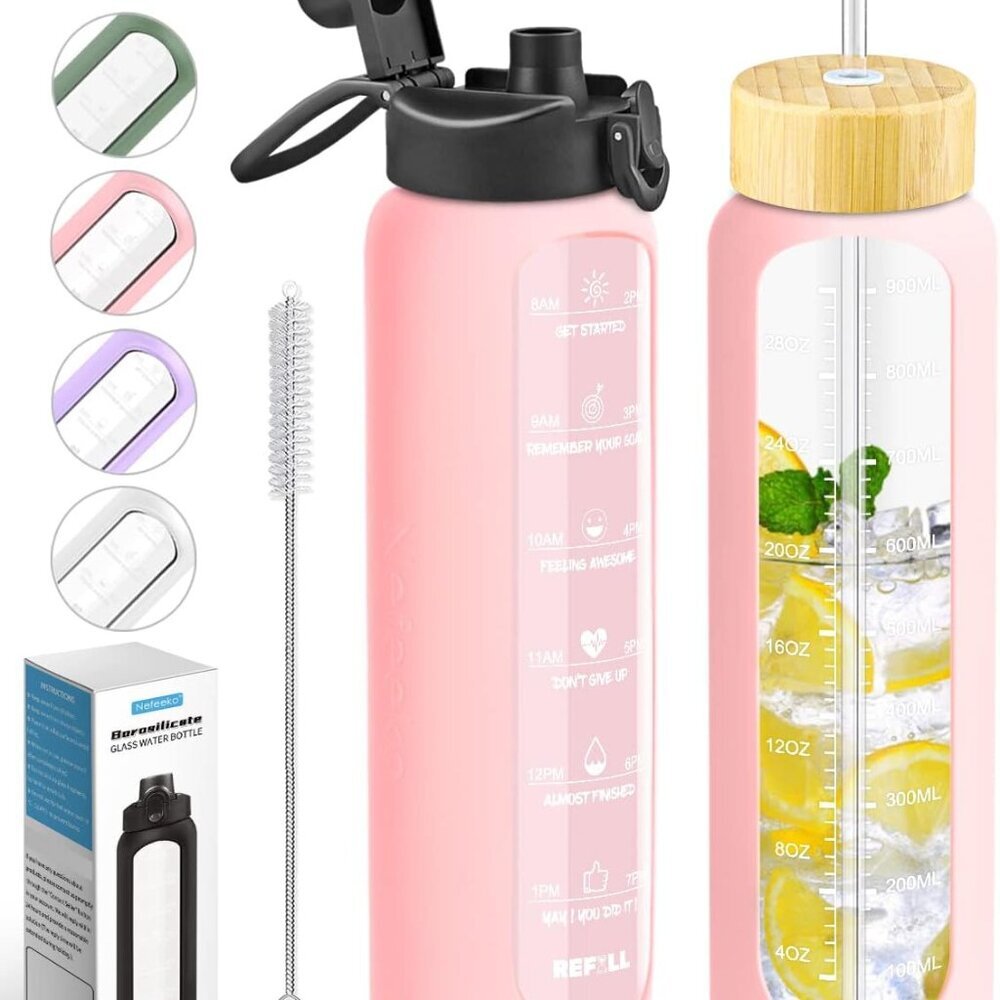 32 oz Glass Water Bottles with Straw, Motivational Glass Water Bottle with Time
